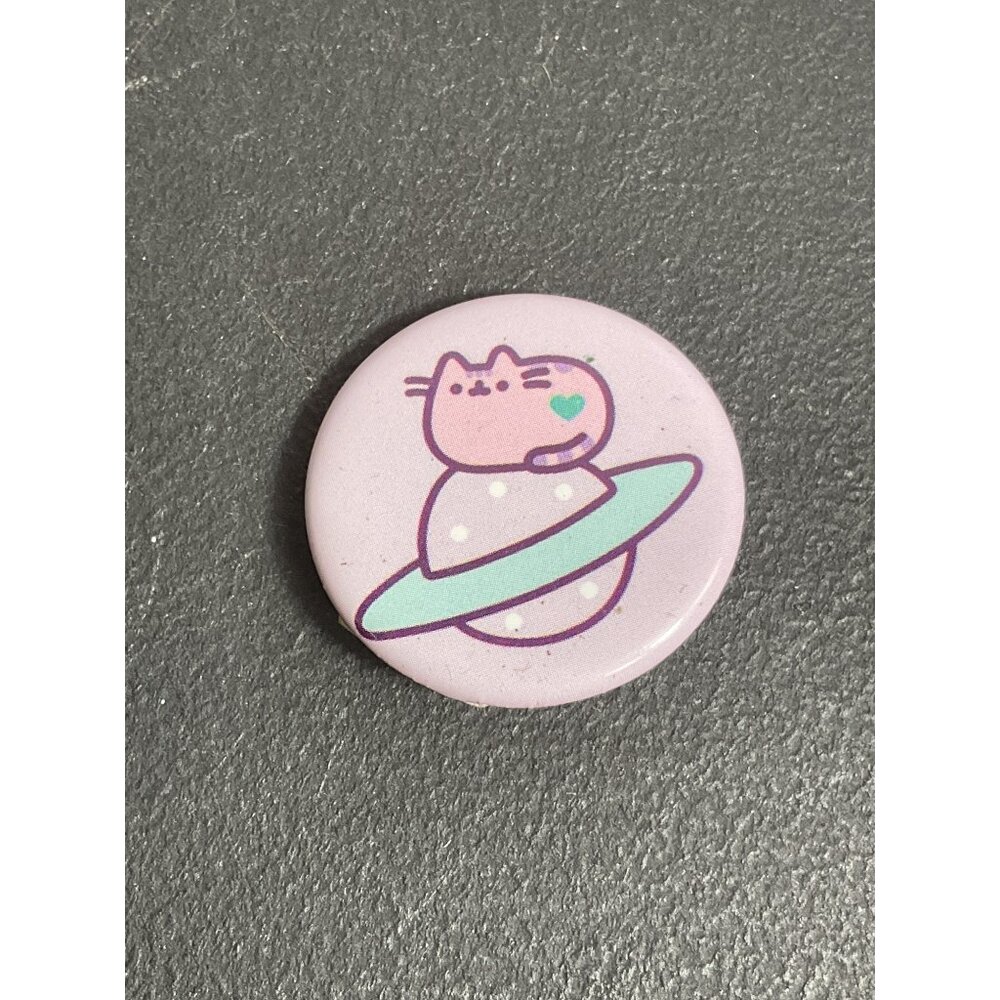 Pusheen Space Cute Cat On Saturn Button Pin With Heart